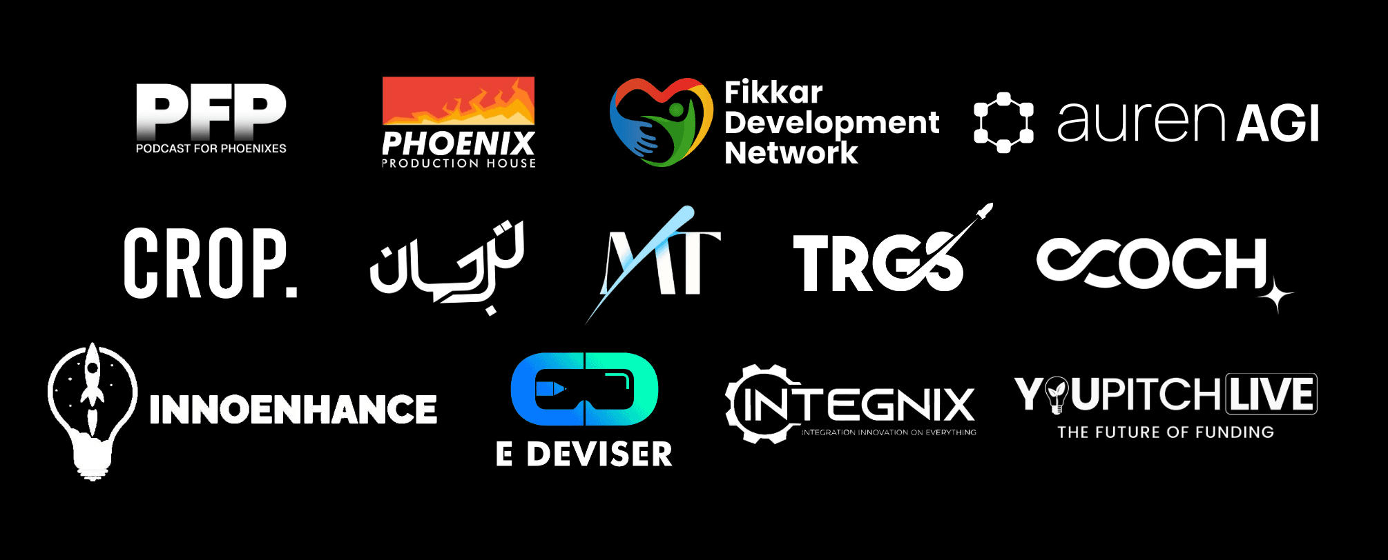 PVH internal projects and community: Podcast for Phoenixes, Phoenix Production House, Fikkar Development Network, Auren AGI, CROP., Lerzan, MT, TRC, Coch, InnoEnhance, E Deviser, Integnix, and YouPitch Live.